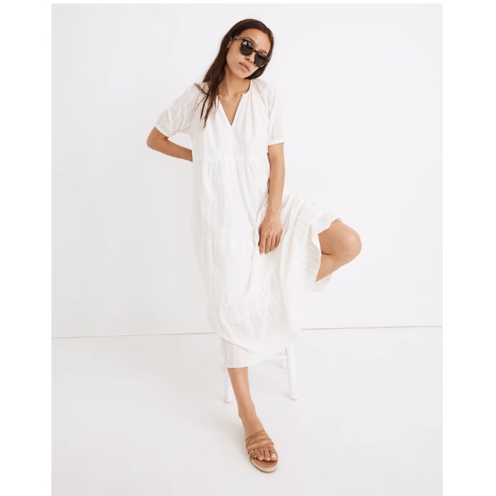 NWT Madewell Bubble-Sleeve Tiered Midi Dress in Textural Stripe
